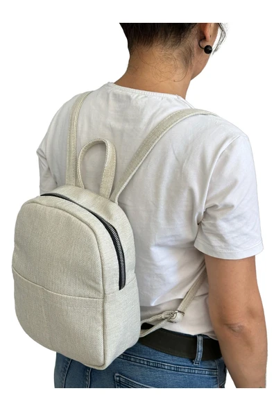 Vip Home Concept Market Ürünleri Mini Kadın Sırt Çantası-BEJ KETEN-Vip Home Bags