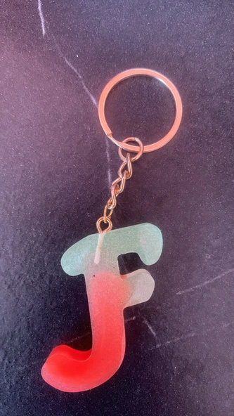 Rengarenk F Harf Şekilli Gold Aksesuarlı Anahtarlık Epoksi El Yapımı Hediyelik - Resim 2