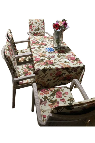 Vip Home Concept Market Ürünleri Masa Örtüsü Takımı Ve Büyük Boy Arkalıklı Sandalye Minderi 6 Adet Ingiliz Gülü