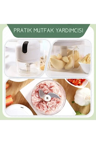 Şarjlı Mini El Rondosu Çelik 3 Bıçaklı 250ml Mutfak Robotu Hazneli Rondo Sebze Et Doğrayıcı Rende - 2