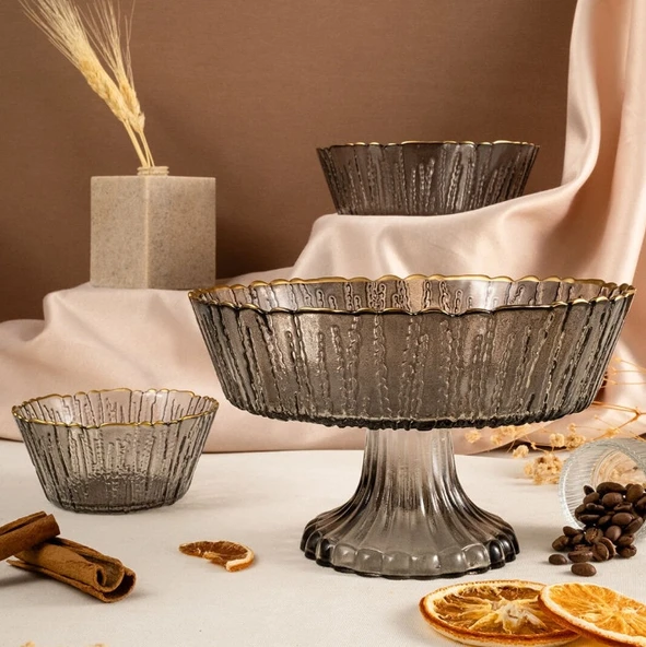 Fecra Rita 3'lü Cam Kase Seti Antrasit Altın Fileli - 4