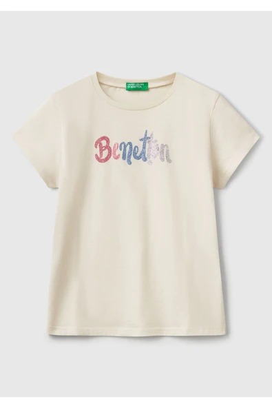Kız Çocuk Krem Simli Logo Baskılı T-Shirt