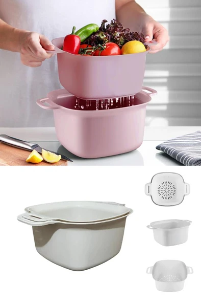 Badyalı Çok Amaçlı Süzgeç, Kulplu Makarna Meyve Sebze Süzgeci ve Karıştırma Kabı Seti 4 Litre - 10