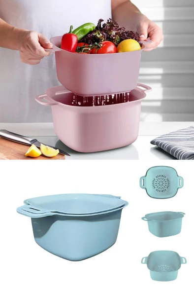 Badyalı Çok Amaçlı Süzgeç, Kulplu Makarna Meyve Sebze Süzgeci ve Karıştırma Kabı Seti 4 Litre - 7