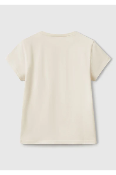 Kız Çocuk Krem Simli Logo Baskılı T-Shirt - 2