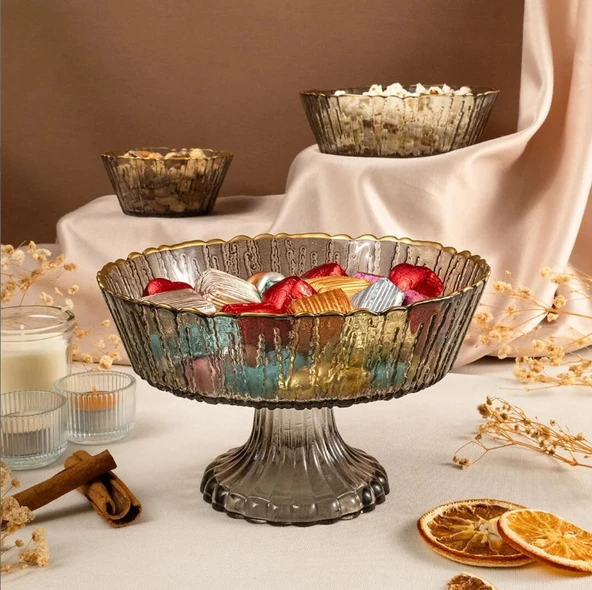 Fecra Rita 3'lü Cam Kase Seti Antrasit Altın Fileli - 2