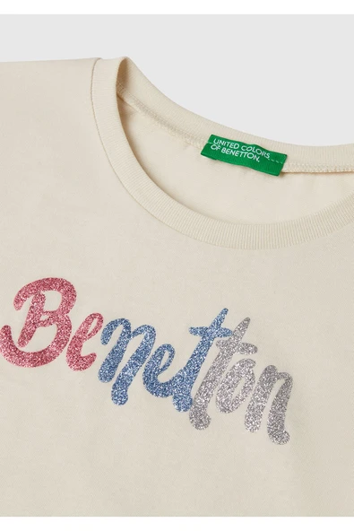 Kız Çocuk Krem Simli Logo Baskılı T-Shirt - 3