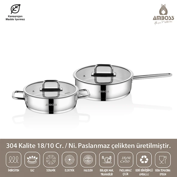 Nova 4 Parça Paslanmaz Çelik Cam Kapaklı Basık Tencere Tava Seti 26 cm - 2