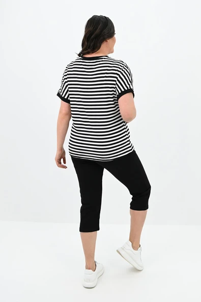 Kadın Büyük Beden Bisiklet Yaka Çizgili Cep Detaylı Kısa Kol Eşofman Takımı 8013 - 4