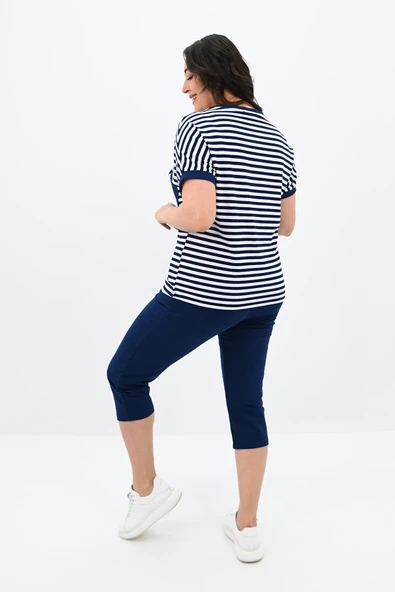 Kadın Büyük Beden Bisiklet Yaka Çizgili Cep Detaylı Kısa Kol Eşofman Takımı 8013 - 12