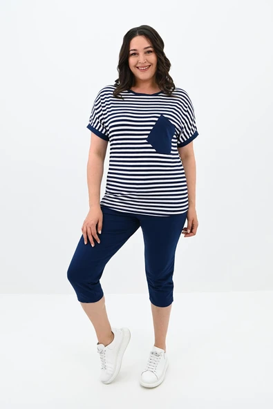 Kadın Büyük Beden Bisiklet Yaka Çizgili Cep Detaylı Kısa Kol Eşofman Takımı 8013 - 10