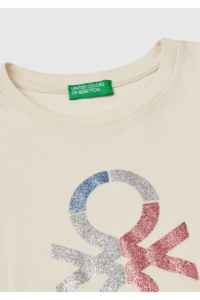 Kız Çocuk Krem Simli Benetton Logo Baskılı T-Shirt - 3