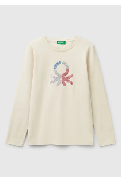 Kız Çocuk Krem Simli Benetton Logo Baskılı T-Shirt