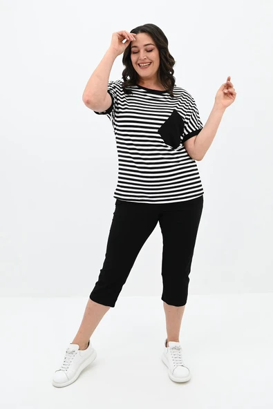 Kadın Büyük Beden Bisiklet Yaka Çizgili Cep Detaylı Kısa Kol Eşofman Takımı 8013 - 2