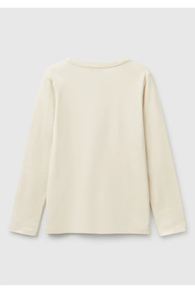 Kız Çocuk Krem Simli Benetton Logo Baskılı T-Shirt - 2