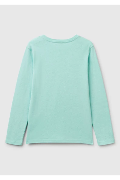 Kız Çocuk Su Yeşili Simli Benetton Logo Baskılı T-Shirt - 5