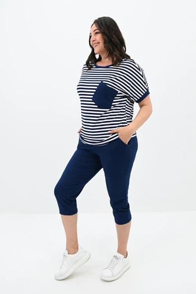 Kadın Büyük Beden Bisiklet Yaka Çizgili Cep Detaylı Kısa Kol Eşofman Takımı 8013 - 11