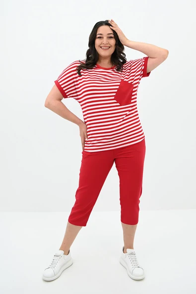 Kadın Büyük Beden Bisiklet Yaka Çizgili Cep Detaylı Kısa Kol Eşofman Takımı 8013 - 6