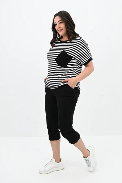 Kadın Büyük Beden Bisiklet Yaka Çizgili Cep Detaylı Kısa Kol Eşofman Takımı 8013 - 3