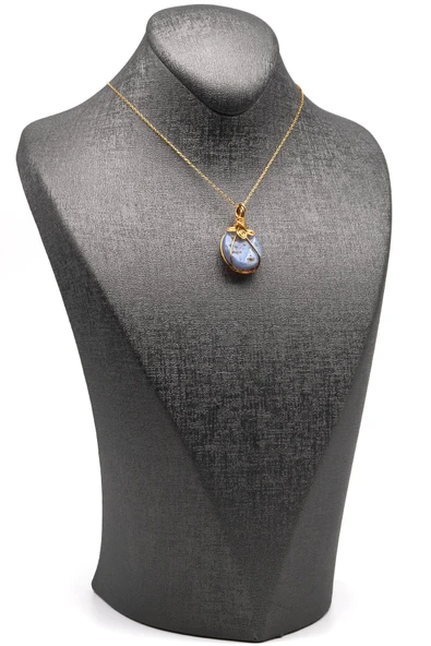 Mavi Dantelli Akik Doğal Taş 925 Ayar Gümüş Kolye - Resim 2