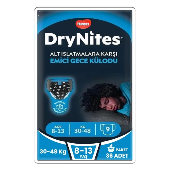 DryNites Emici Gece Külodu Erkek 8-13 Yaş 30-48 kg 9'lu 4 Adet Hasta Bezi