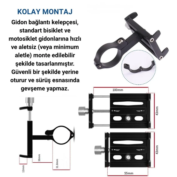Polham Pro Seri Gidon Uyumlu Motorsiklet Telefon Tutucu, Bisiklet, Scooter Uyumlu Sıkıştırmalı Tutucu - 8