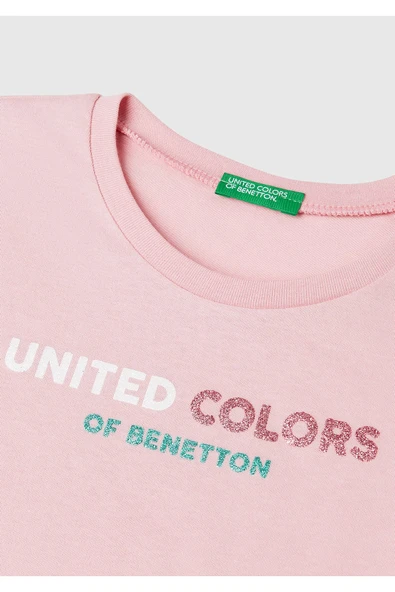 Kız Çocuk Pembe Simli Logo Baskılı T-Shirt - 3
