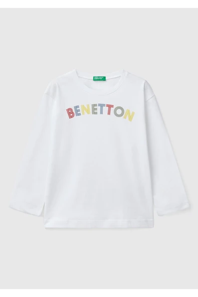 Erkek Çocuk Beyaz Benetton Logo Baskılı Uzun Kollu T-Shirt