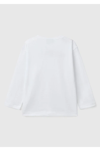Erkek Çocuk Beyaz Benetton Logo Baskılı Uzun Kollu T-Shirt - 2