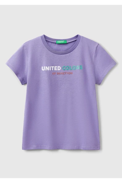 Kız Çocuk Mor Simli Logo Baskılı T-Shirt - 4