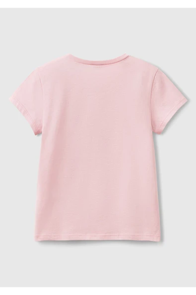 Kız Çocuk Pembe Simli Logo Baskılı T-Shirt - 2