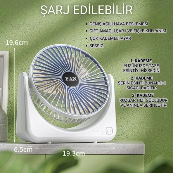 Coofbe Taşınabilir 3 Kademeli 1200Mah Şarjlı Masaüstü Vantilatör Fan Ev Ofis Masaüstü Vantilatör - 10