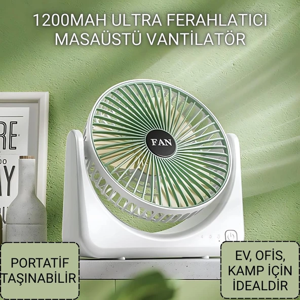 Coofbe Taşınabilir 3 Kademeli 1200Mah Şarjlı Masaüstü Vantilatör Fan Ev Ofis Masaüstü Vantilatör