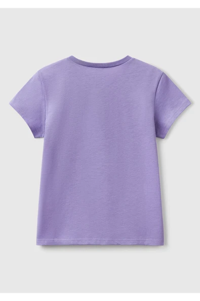 Kız Çocuk Mor Simli Logo Baskılı T-Shirt - 2