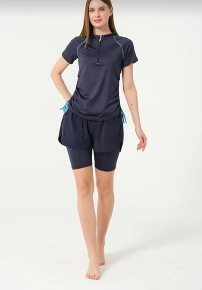 Tesmay 24156 Lacivert  Kısa Kol Yarım Fermuarlı Hızlı Kuruyan Kumaş Şortlu Taytlı Yarı Kapalı Mayo - Resim 5