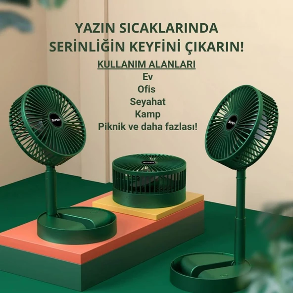 Coofbe Teleskopic 1200Mah Şarjlı 3 Hız Modlu Masaüstü Vantilatör Fan Ev Ofis Masaüstü Vantilatör Fan - 9