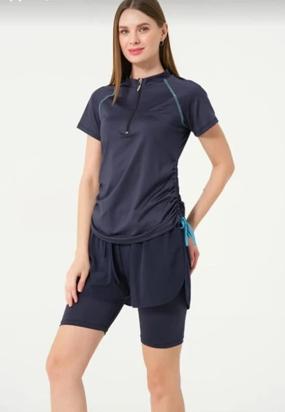 Tesmay 24156 Lacivert  Kısa Kol Yarım Fermuarlı Hızlı Kuruyan Kumaş Şortlu Taytlı Yarı Kapalı Mayo - Resim 6