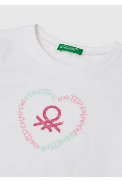 Kız Çocuk Beyaz Simli Benetton Logo Baskılı T-Shirt - 3