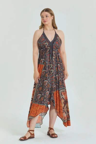 Sırtı Açık Askılı Büyük Beden Elbise - 2