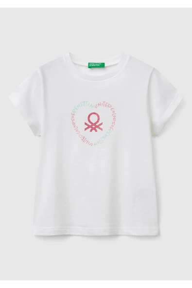 Kız Çocuk Beyaz Simli Benetton Logo Baskılı T-Shirt