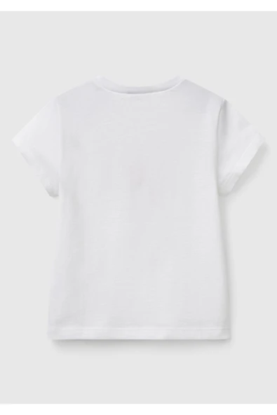 Kız Çocuk Beyaz Simli Benetton Logo Baskılı T-Shirt - 2