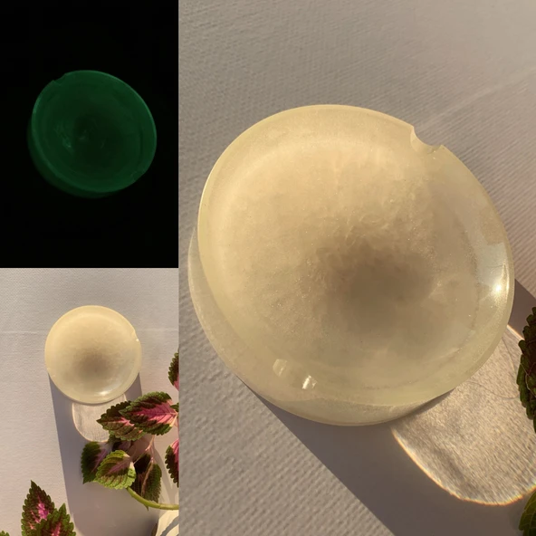 Beyaz Sedefli Ve Fosforlu Neon Yeşili Renk Yuvarlak Şekil Küllük El Yapımı Epoksi Hediyelik