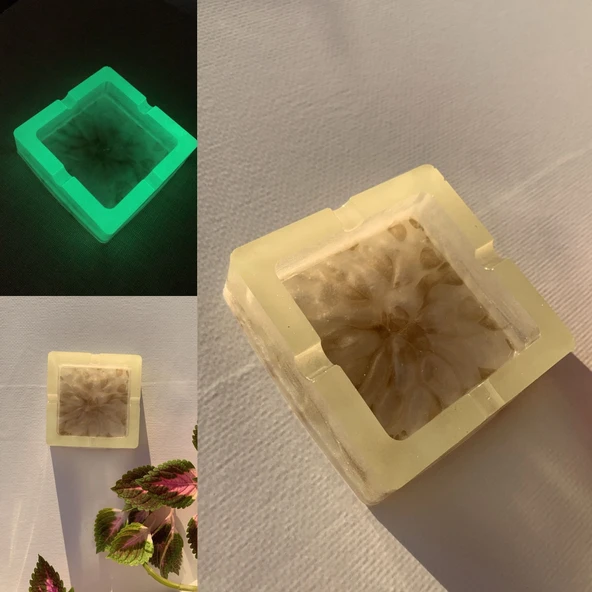 Fosforlu Neon Yeşili Sedefli Ve Gold Süslemeli Kare Şeklinde Küllük El Yapımı Epoksi Hediyelik