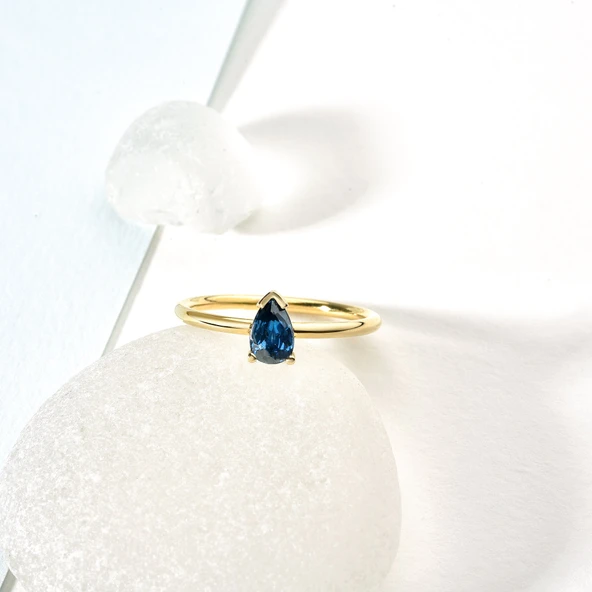 14 Ayar Altın Kaplama Kişiselleştirilebilir Doğum Taşı Damla Taşlı Yüzük - RS00106 - Resim 2