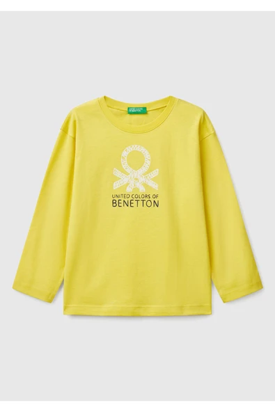 Erkek Çocuk Sarı Benetton Logo Baskılı Uzun Kollu T-Shirt