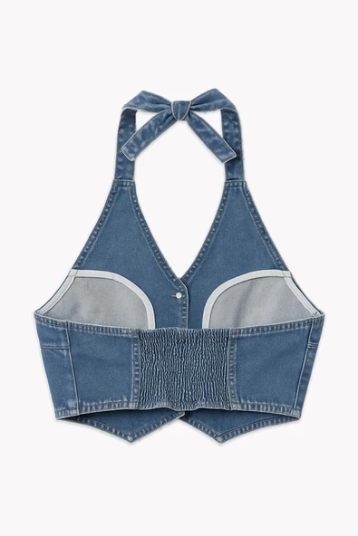 Kadın Açık Mavi Düğmeli Bağlamalı Crop Jean Büstiyer - 5