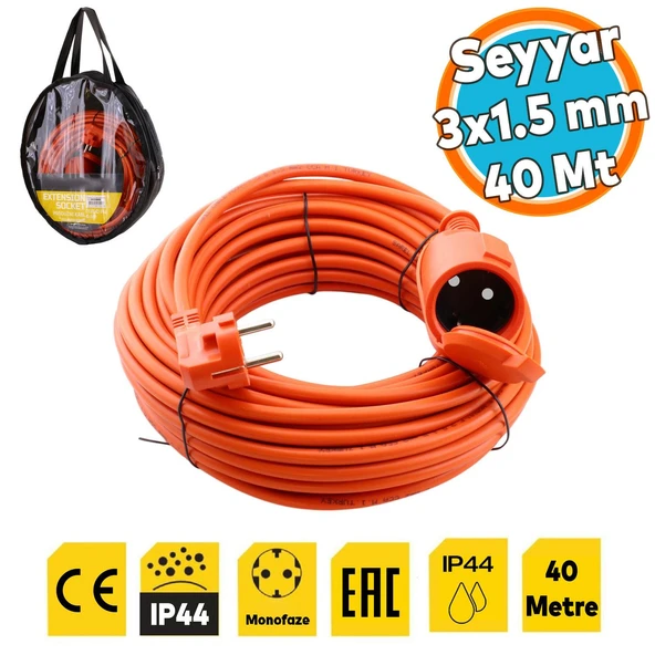 Seyyar Uzatma Kablosu 3x1.5 mm 40 METRE Kapaklı Monofaze Ev Tipi Topraklı Kablolu Grup Fiş Priz