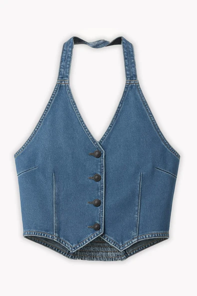 Kadın Açık Mavi Düğmeli Bağlamalı Crop Jean Büstiyer - 4