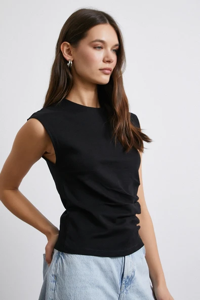 Yanı Büzgülü T-shirt Siyah - 3