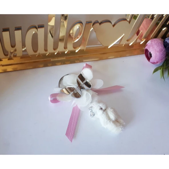 Tüylü Krem Ayıcık Anahtarlık Bebek Şekeri(25 Adet) - 2